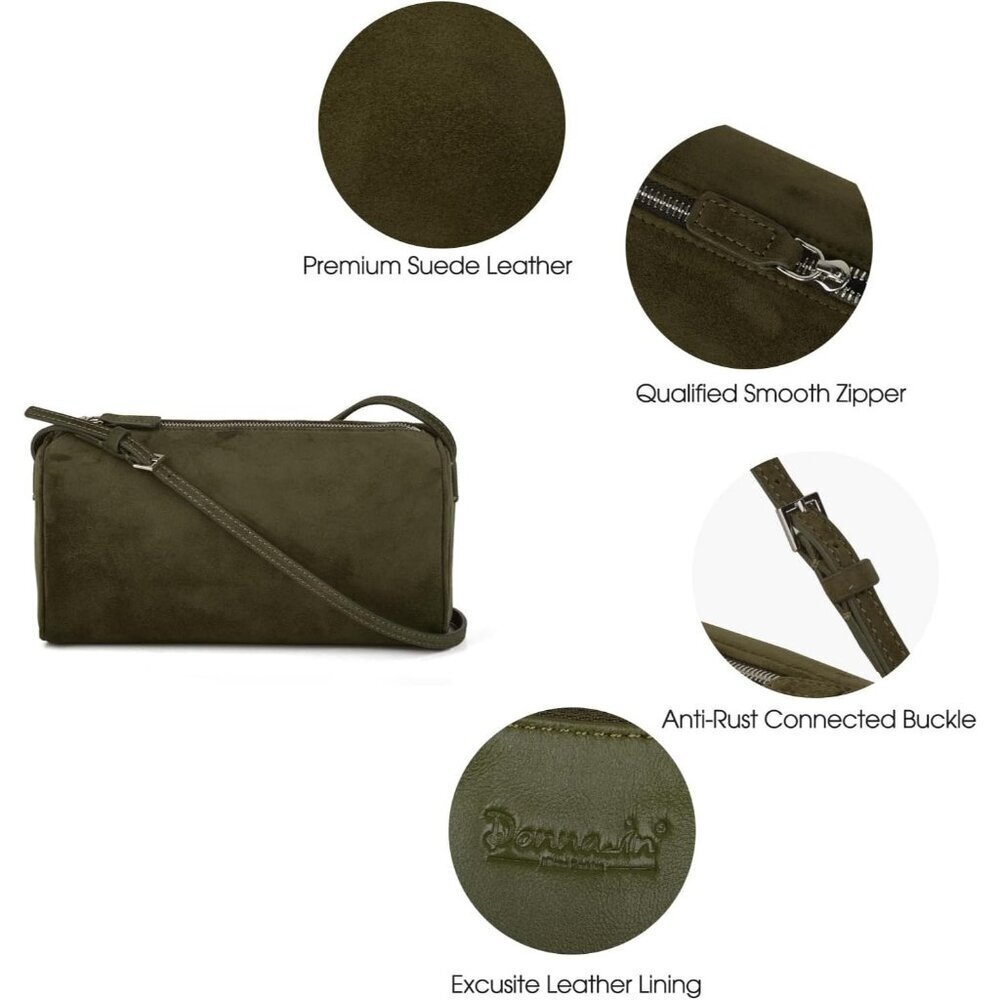 women Olive Suede Leather Smal Crossbody Hobo Shoulder Bag with Adjustable strap - Picture 4 of 7